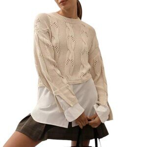 Anthropologie Womens Pilcro Cable Twofer Sweater, Knit, Ivory, Layered, Size M